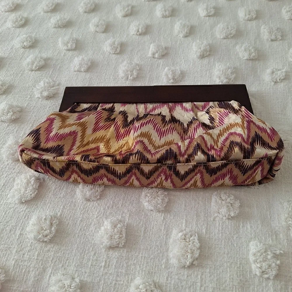 Aldo clutch shimmery multicolor fabric with wood handle